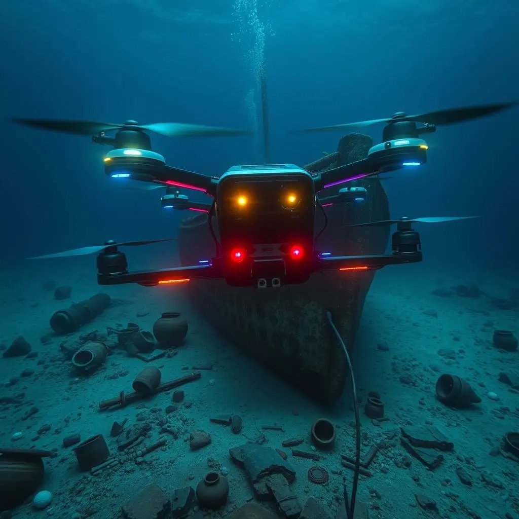 Advanced ROV exploring a deep-sea shipwreck with ancient pottery