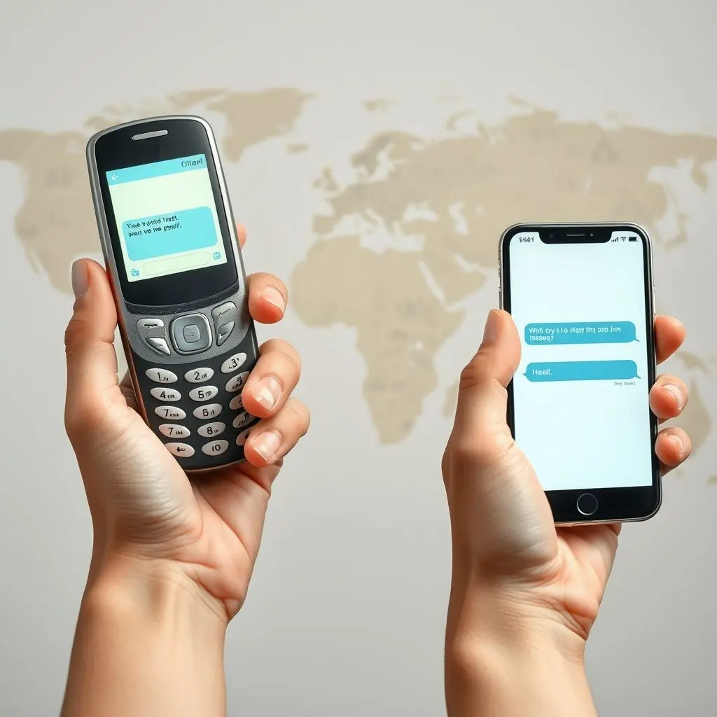 Flip phone and smartphone both receiving text messages, highlighting universality