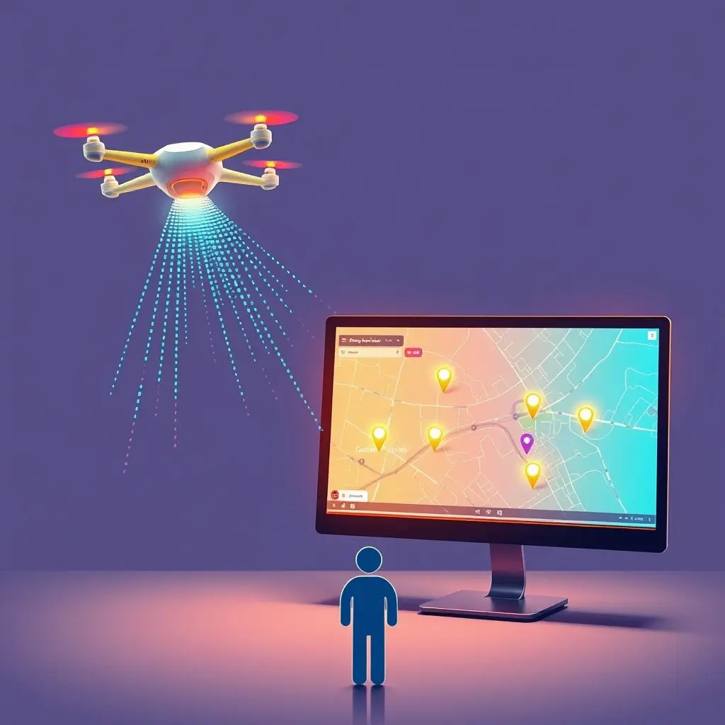 Stylized graphic showing the workflow: drone detecting graffiti, sending data to a map, leading to a cleanup crew in action.