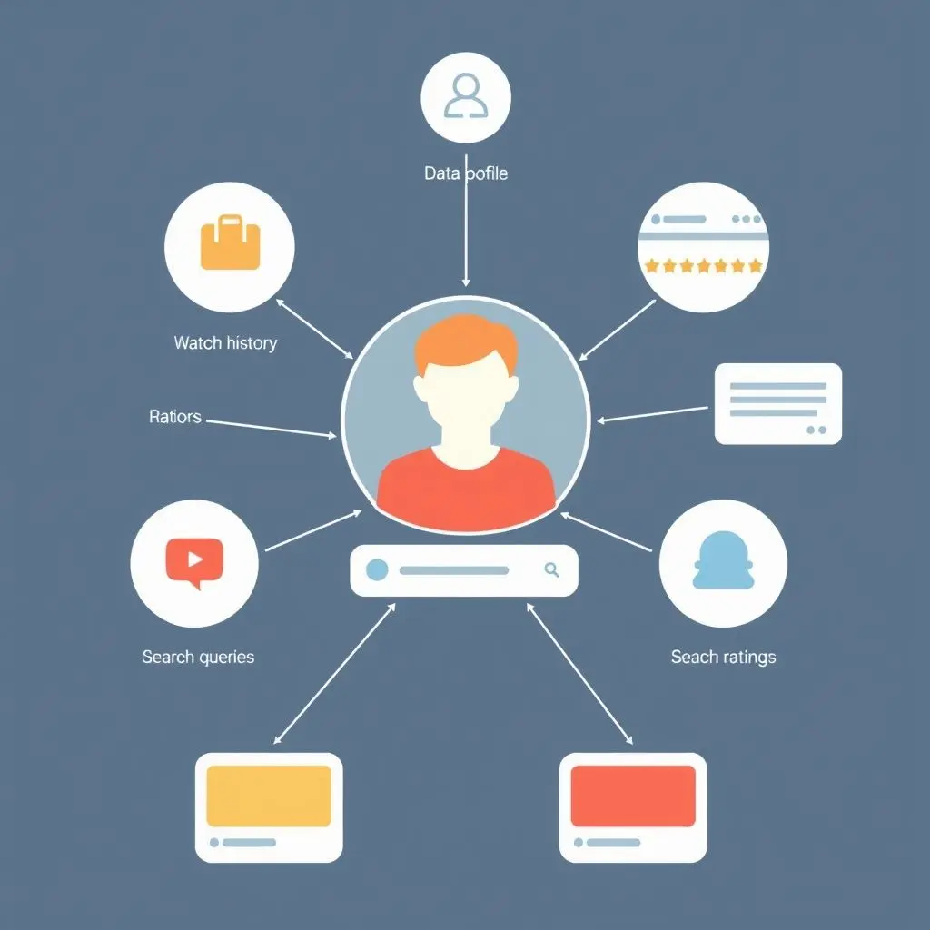 Illustration of various data points like watch history, search queries, and ratings converging to form a user profile, with lines connecting them to recommended content.