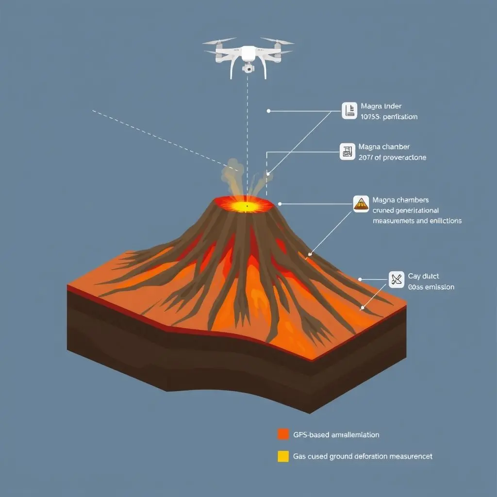 Informative diagram showing a cross-section of a volcano with a drone's flight path and data collection points.