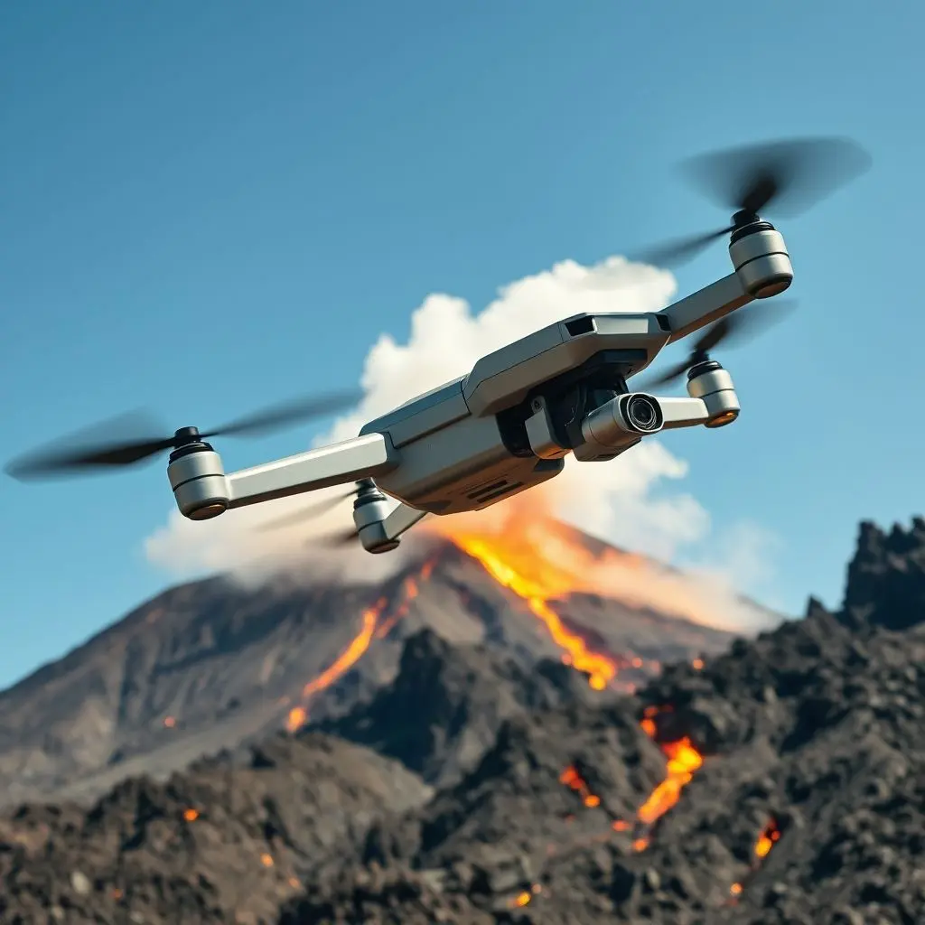 High-tech drone flying near a smoking volcano, capturing real-time data.