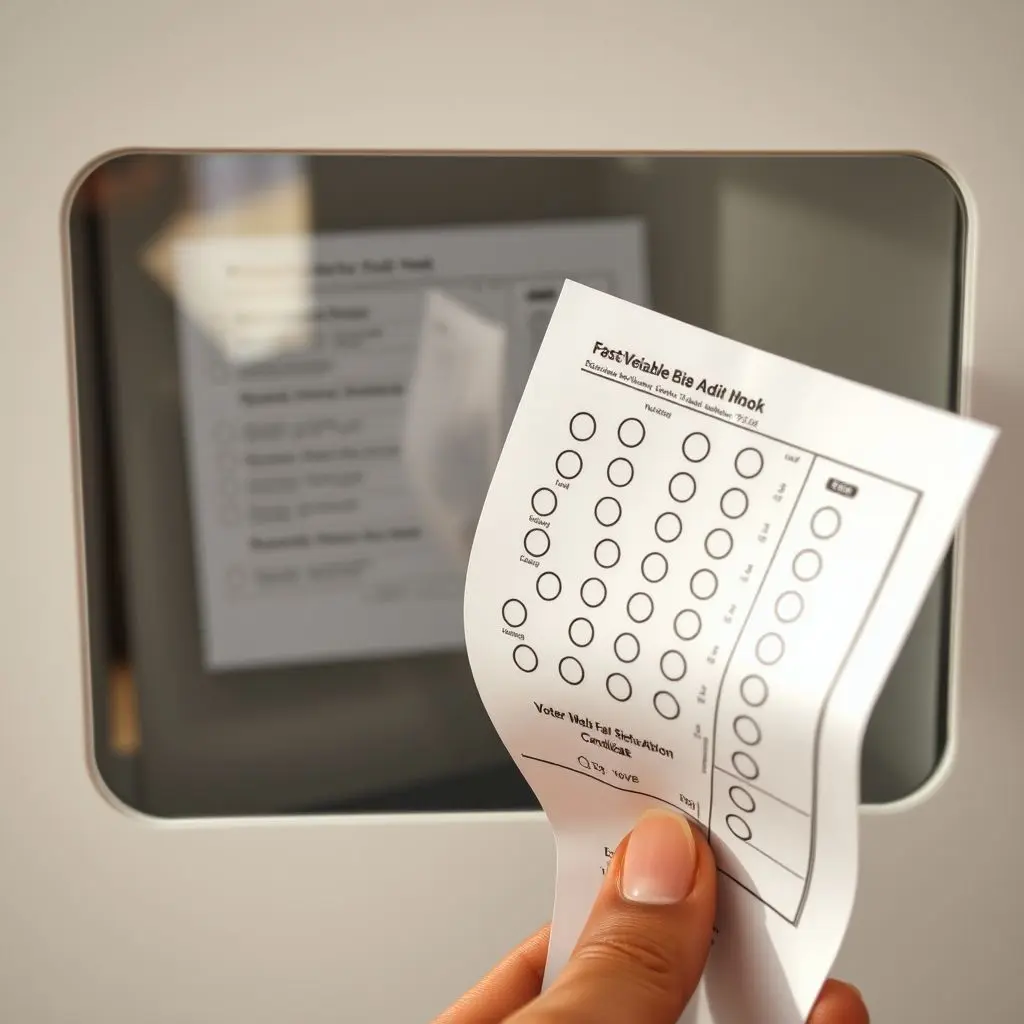 The Importance of Voter Verifiable Paper Audit Trail (VVPAT) Close-up of a Voter Verifiable Paper Audit Trail (VVPAT) printout being reviewed by a voter through a clear window on a voting machine