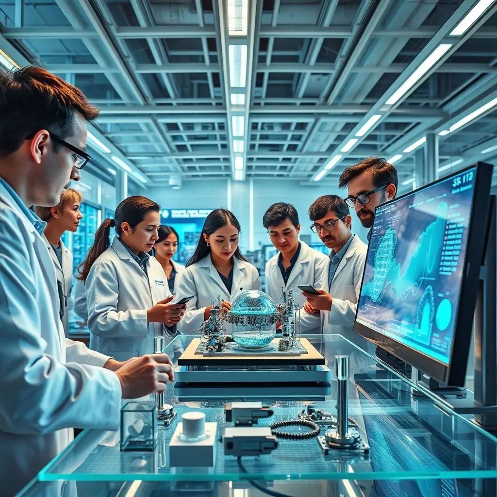 Diverse team of scientists and engineers working in an advanced lab on novel water purification technologies.