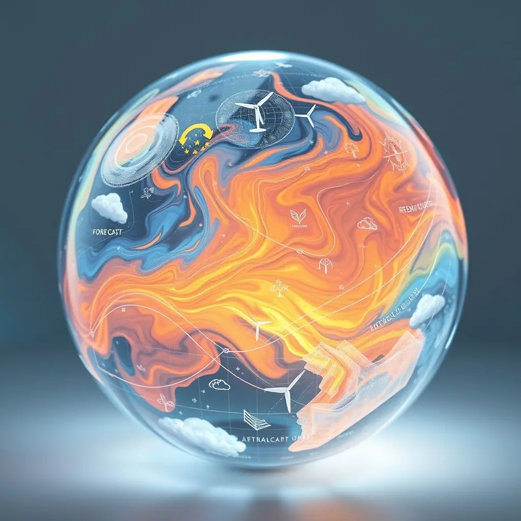 Holographic globe showing weather patterns impacting various human activities like agriculture, renewable energy, and disaster response.