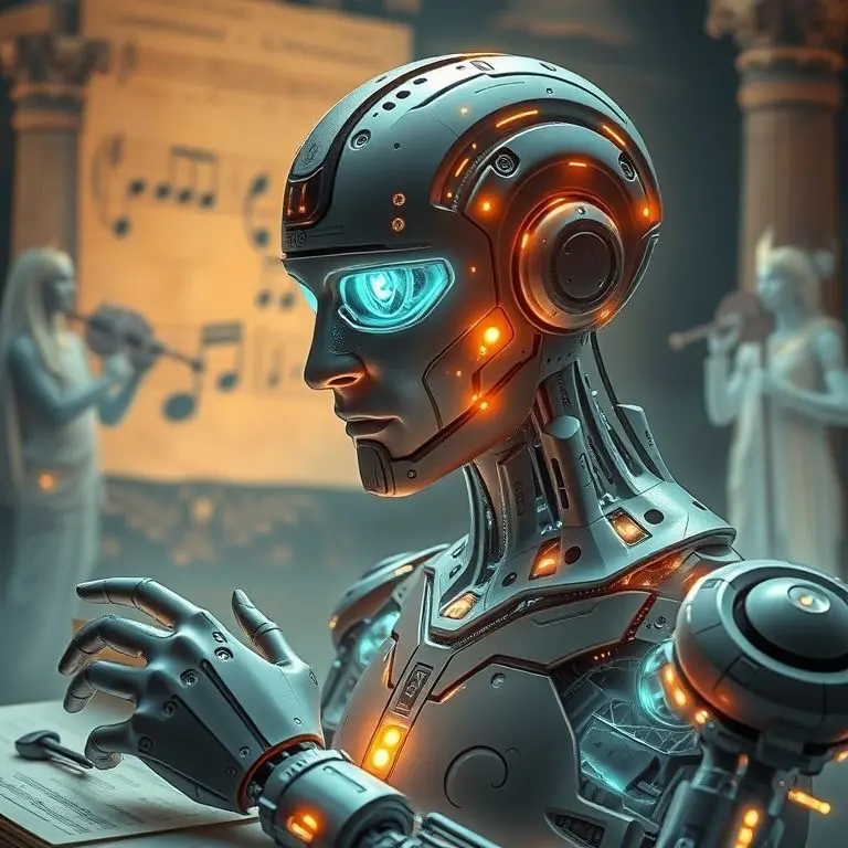 AI system analyzing ancient music scores and fragmented instruments, with ghostly ancient musicians in background