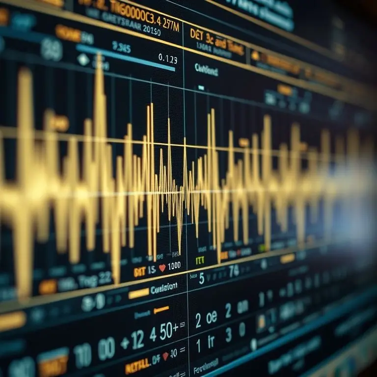 Digital interface showing complex sound waves and algorithms, with overlays of ancient symbols
