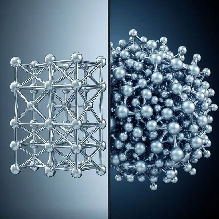 Abstract depiction of amorphous metal structure versus crystalline metal structure.
