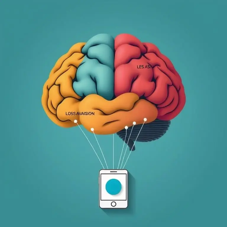 A brain diagram with different sections highlighted, each representing a cognitive bias (e.g., 'Loss Aversion,' 'Default Bias') being subtly influenced by wires connecting to a stylized smartphone or app icon. Illustrates psychological manipulation.