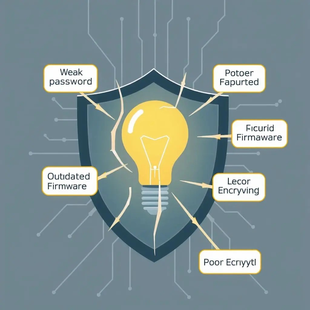 Abstract illustration of a broken digital shield protecting a smart light bulb, with various labels pointing to 'Weak Passwords', 'Outdated Firmware', and 'Poor Encryption' as points of failure.
