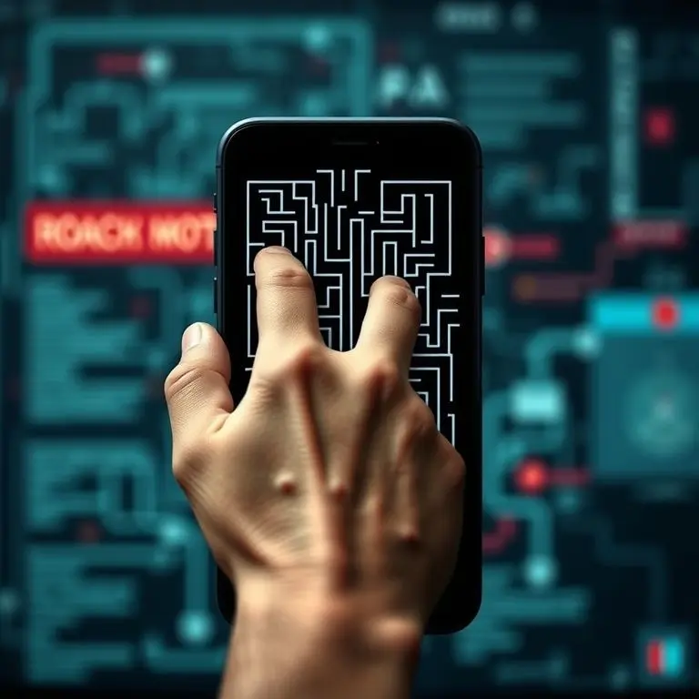 A maze-like digital interface on a smartphone screen, with a hand trying to navigate through it, representing a 'roach motel' dark pattern. The background is slightly blurred with abstract digital elements. Focus on the struggle to exit or find a clear path.