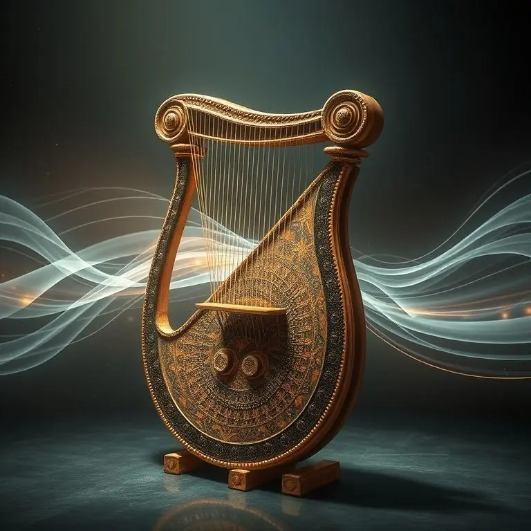 Ancient Greek lyre digitally reconstructed, with ethereal sound waves and holographic projections