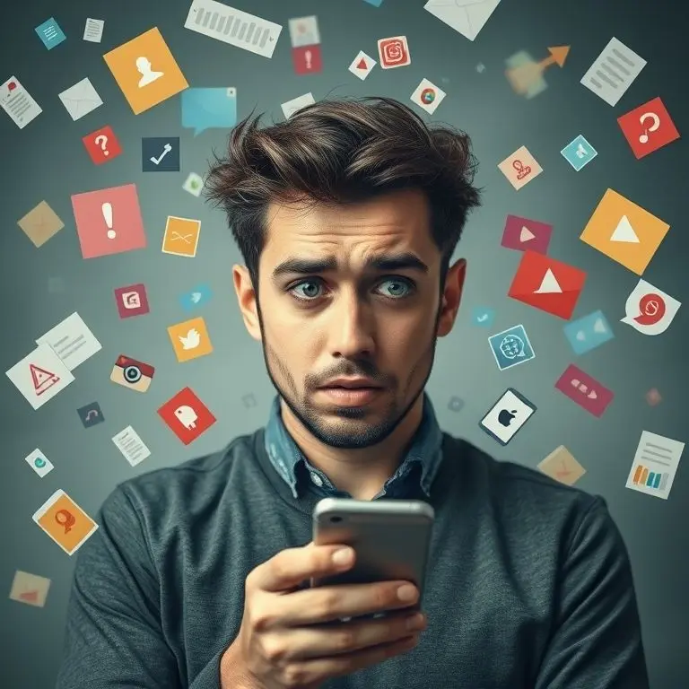 A person looking overwhelmed, surrounded by floating digital icons and notifications, holding a smartphone. Depicts information overload and fragmented attention span.