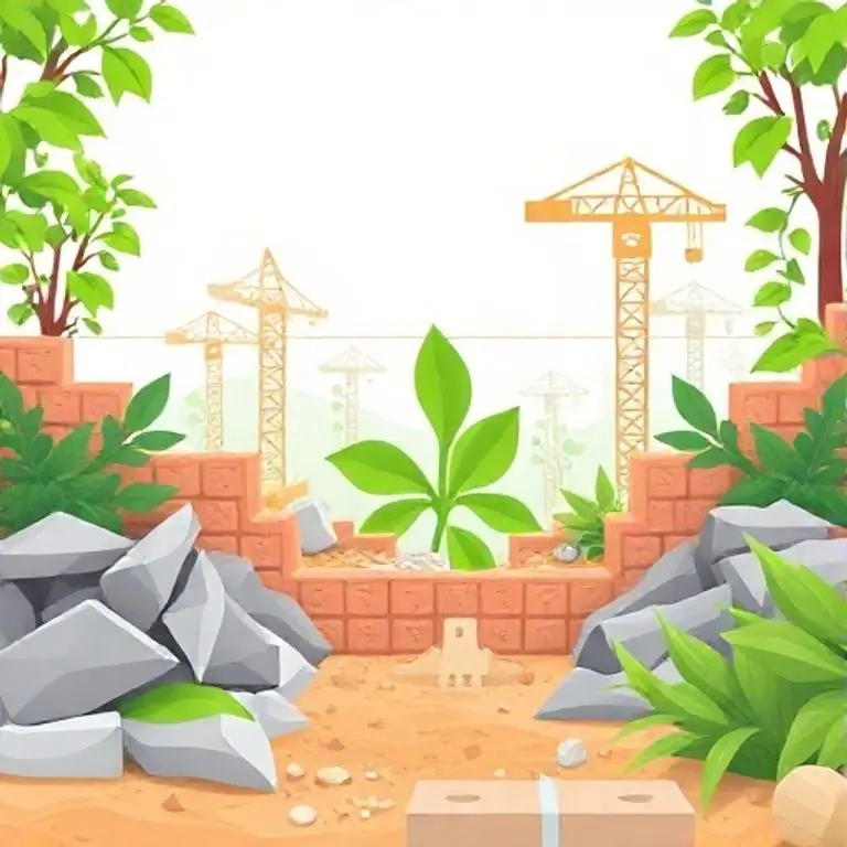 Green and sustainable construction site utilizing self-healing concrete, showing reduced waste