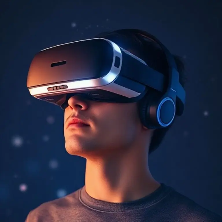 Person wearing VR headset experiencing immersive cinema with subtle, advanced sensory feedback, maybe including gentle scents