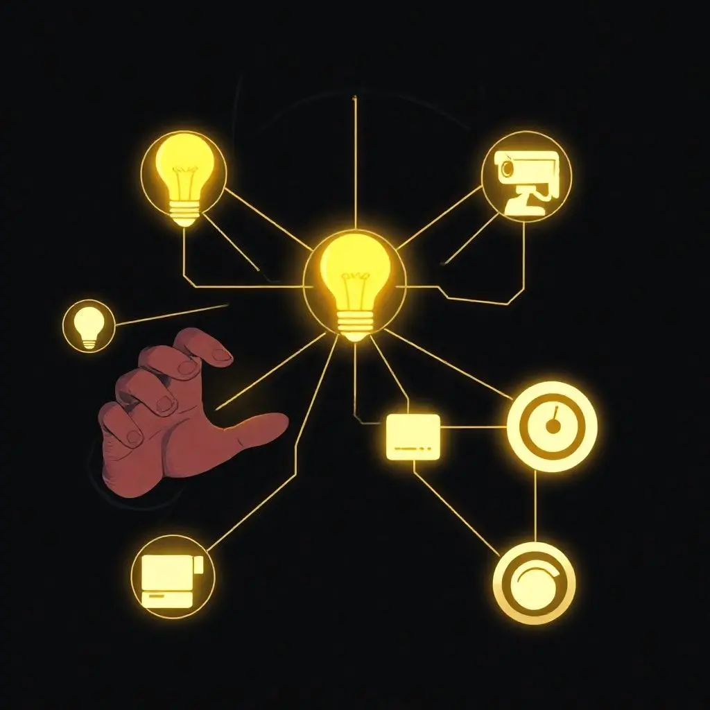 A dark, stylized illustration of a hacker's hands manipulating a glowing network diagram, with lines extending to various smart home devices like a light bulb, camera, and thermostat, indicating malicious control.