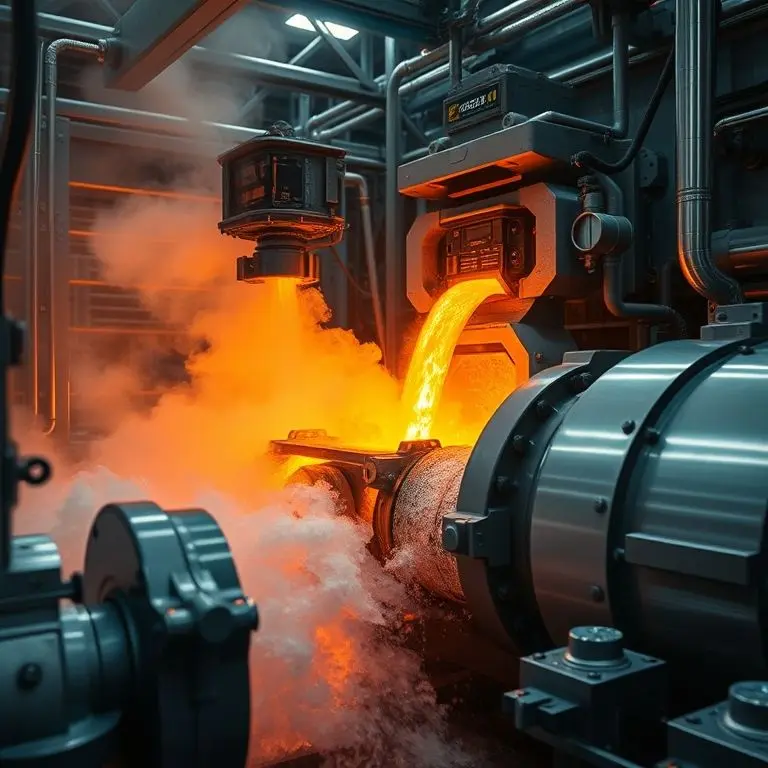 High-tech industrial process showing molten metal being rapidly cooled to form amorphous metal.