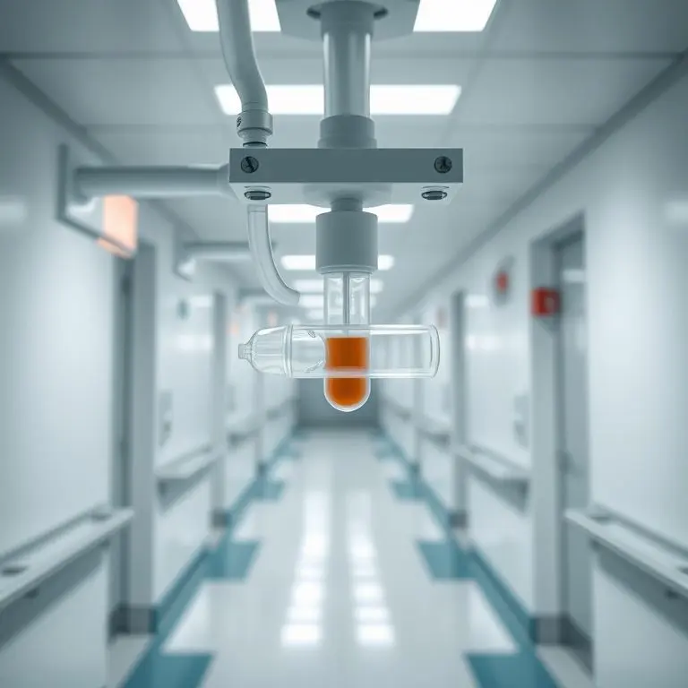 Modern, sterile hospital hallway with a transparent pneumatic tube system transporting a medical sample capsule