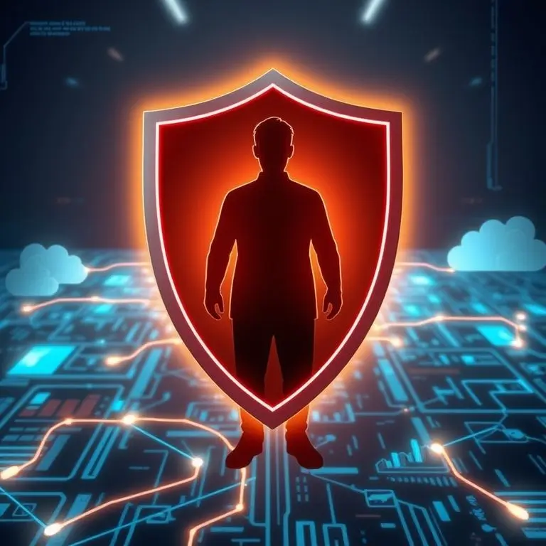 A shield icon overlaid with a human silhouette, protecting an abstract internet landscape, symbolizing online security and trust.