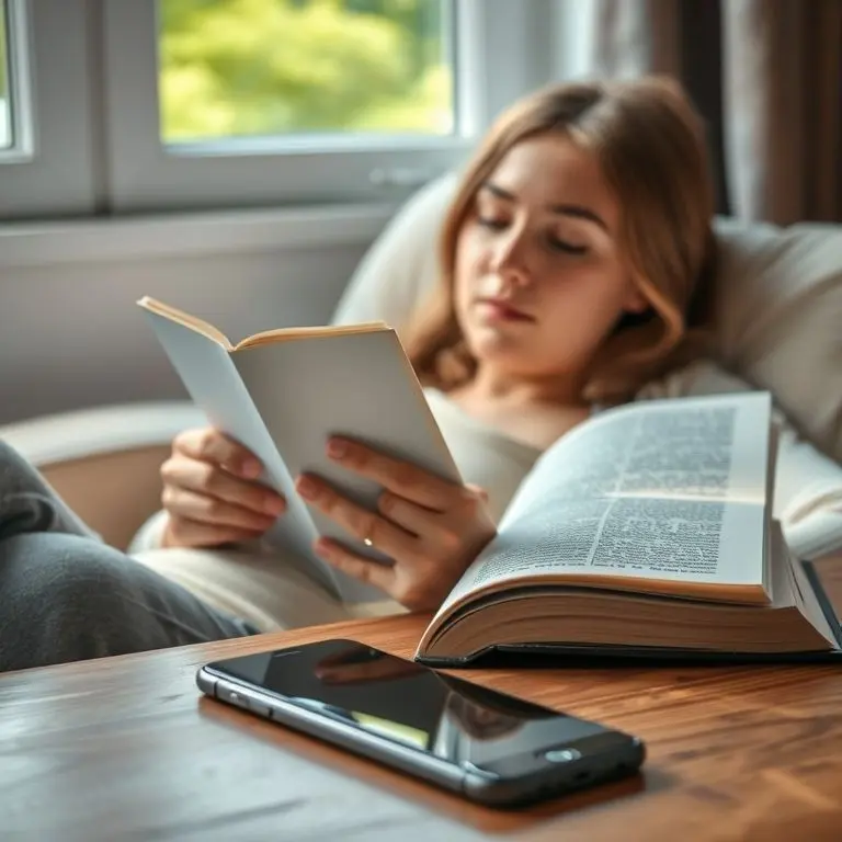 A person peacefully reading a physical book in a cozy setting, with a smartphone placed face down nearby, symbolizing a digital detox and mental clarity.