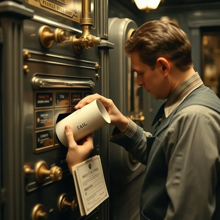 Historical photo-realistic scene of a post office clerk inserting a mail capsule into a pneumatic tube terminal, with intricate brass fittings