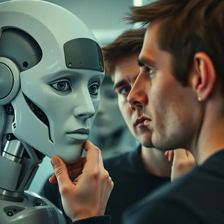 A person thoughtfully viewing the unsettling, almost-human reflection of a robot's face in a mirror, showing curiosity and slight discomfort.