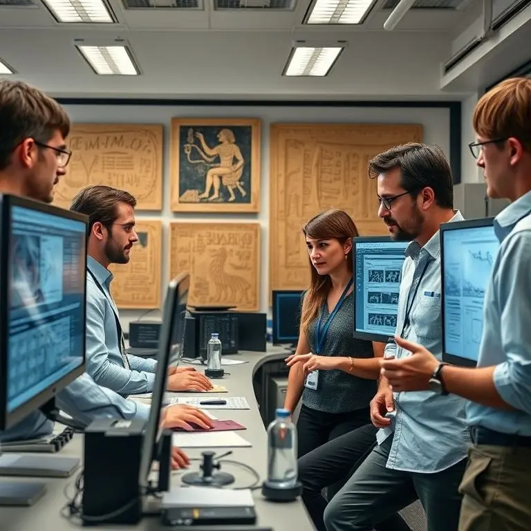 Diverse researchers collaborating in a lab, viewing ancient music data on screens