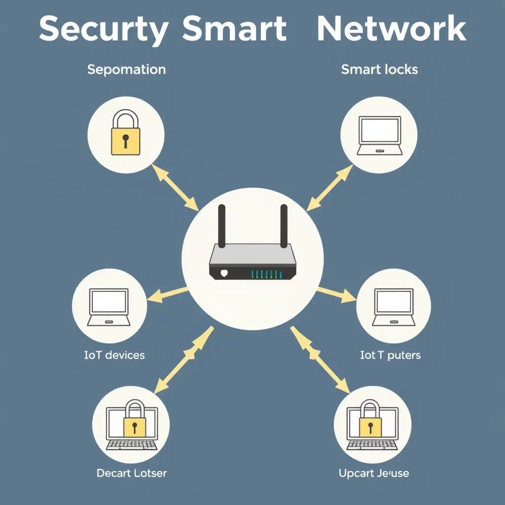 A diagram illustrating a secure smart home network with a shielded router at the center, different segmented networks for IoT devices and personal computers, strong locks on connections, and update arrows.