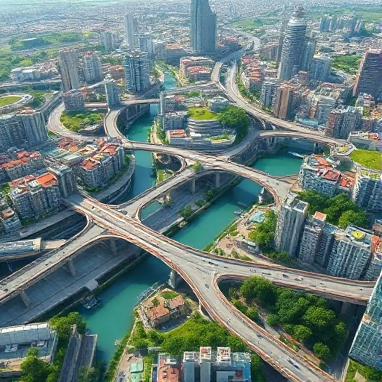 A futuristic city with resilient, self-healing concrete infrastructure, integrated with nature