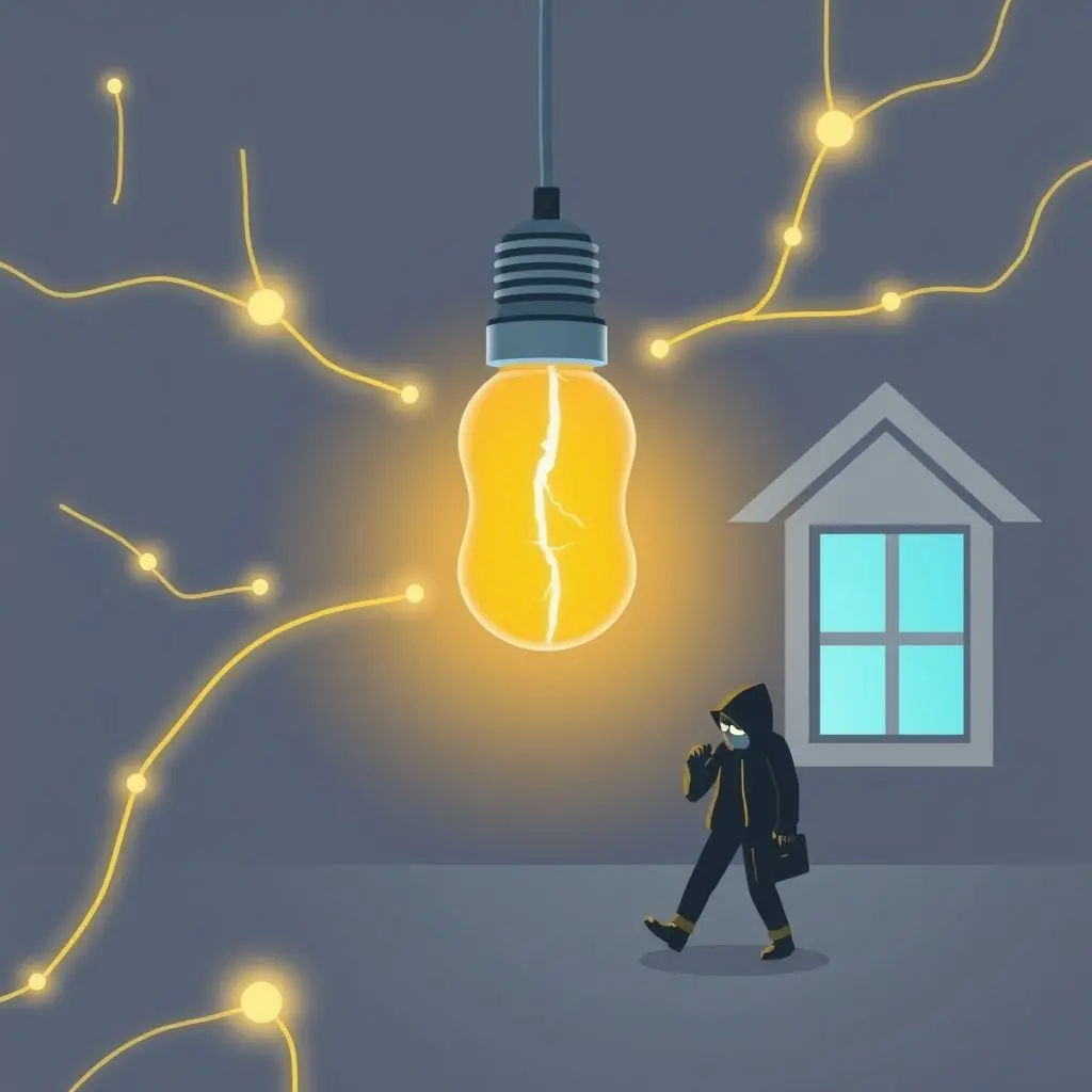 Illustration of a smart light bulb connected to a home network with glowing lines representing data flow, one line showing a crack or weakness being exploited by a small, shadowy hacker figure.