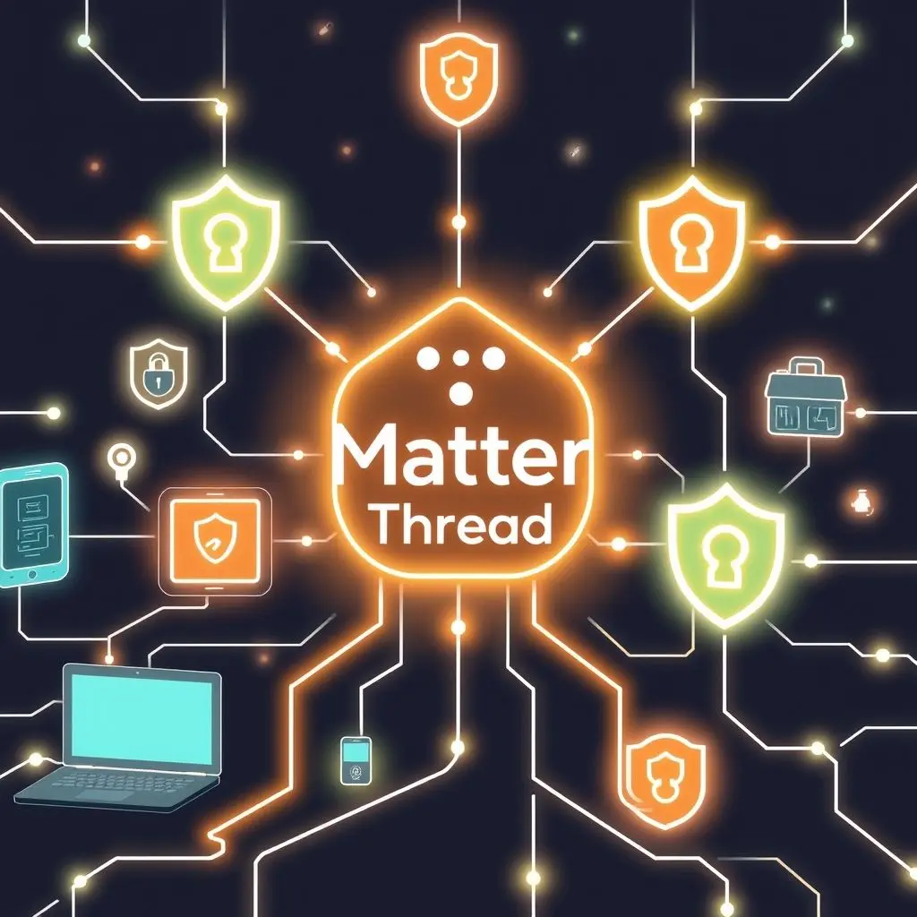 Futuristic illustration of smart home devices interconnected with glowing lines, featuring a prominent 'Matter' and 'Thread' logo, surrounded by digital shields and security symbols, representing a secure and integrated future.