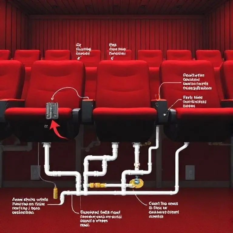 Detailed diagram of Smell-O-Vision's under-seat pipe system delivering scents in a retro cinema