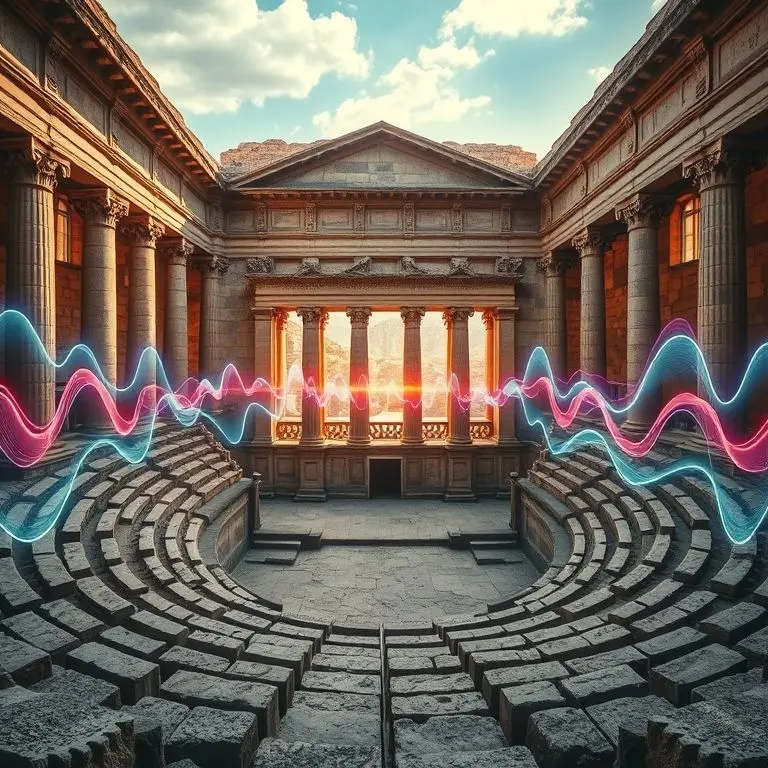 Visual of sound traveling through time, ancient amphitheater filled with reconstructed sound waves