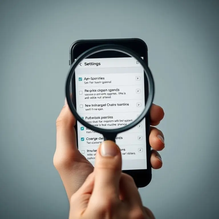 A person's hand holding a magnifying glass over a smartphone screen, examining small text or hidden checkboxes within an app's settings or terms, symbolizing careful scrutiny against hidden agendas.