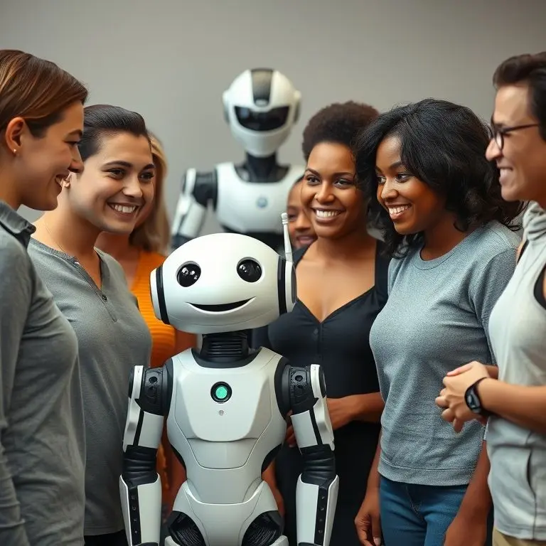 A group of people happily interacting with a friendly, stylized robot, contrasting with a subtle, uneasy feeling from a nearby realistic but slightly off humanoid robot.