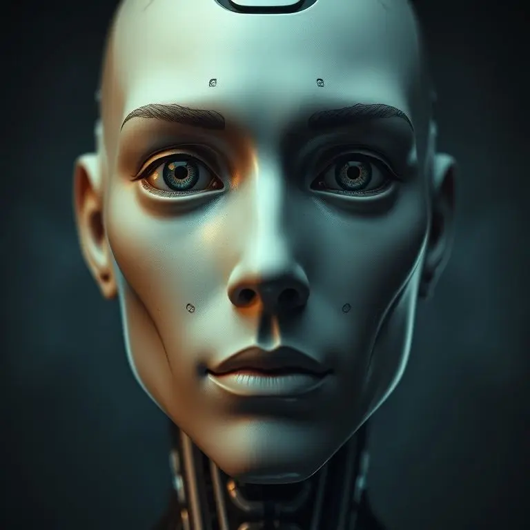 A highly realistic humanoid robot face with unsettling, too-still eyes and a subtle, disturbing expression, evoking unease.