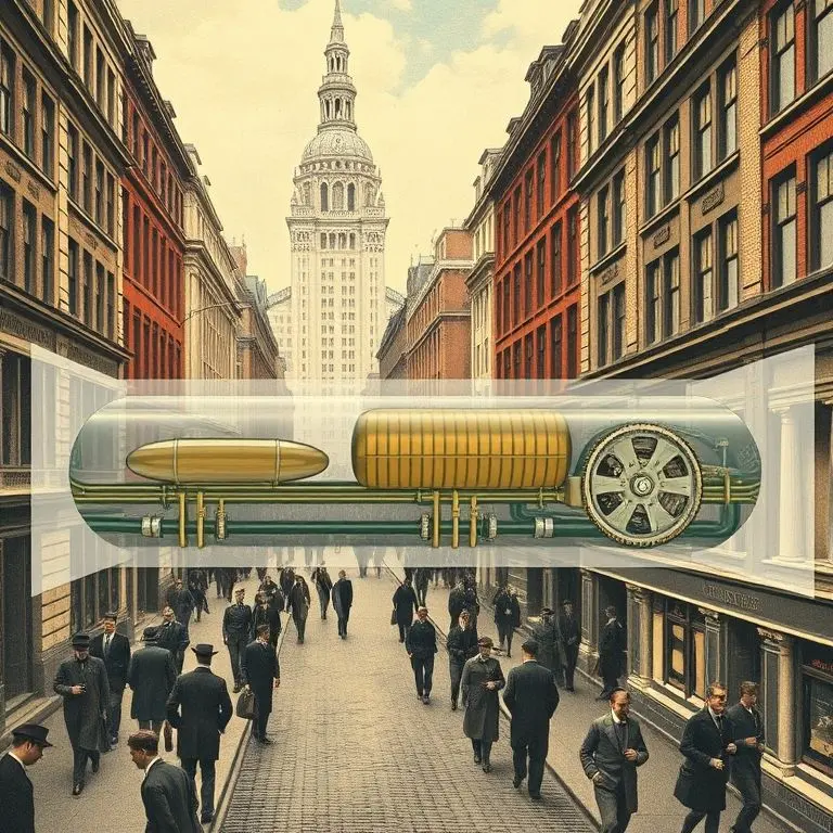 Vintage illustration of an imagined transparent cross-section showing an underground pneumatic tube system carrying capsules beneath a bustling city street